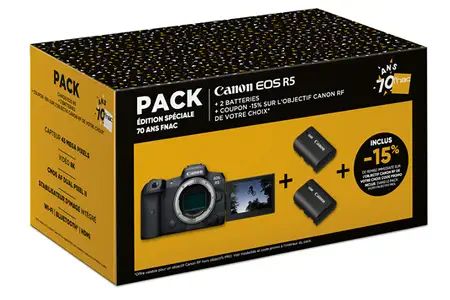 Appareil photo hybride Canon EOS R5 Boitier Nu + 2 batteries + Coupon -15% sur une optiques RF Canon - Edition 70 ans FNAC