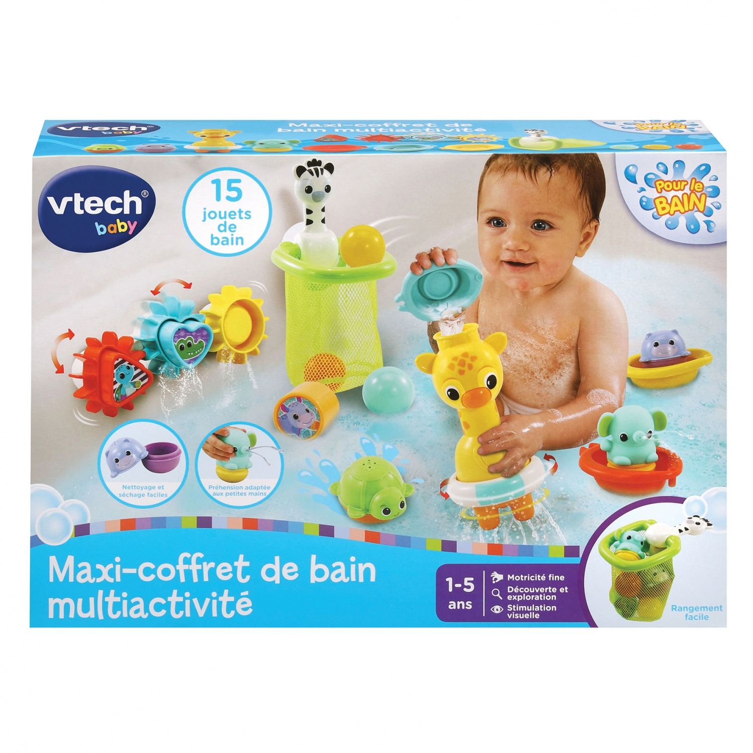 VTech Maxi Coffret de Bain Activité 15 Jouets de Bain Bébé Animaux Bateaux 3 Formes 3 Balles Filet de Rangement Cadeau Enfant Garçon et Fille Dès Contenu en Français - vue 9