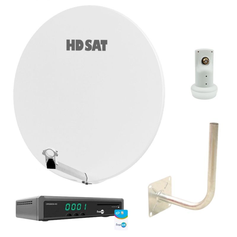Pack HDSAT Parabole Satellite Fibre Blanche 85cm + LNB Single + Récepteur / Décodeur TV Satellite HD + Carte + Bras Coudé