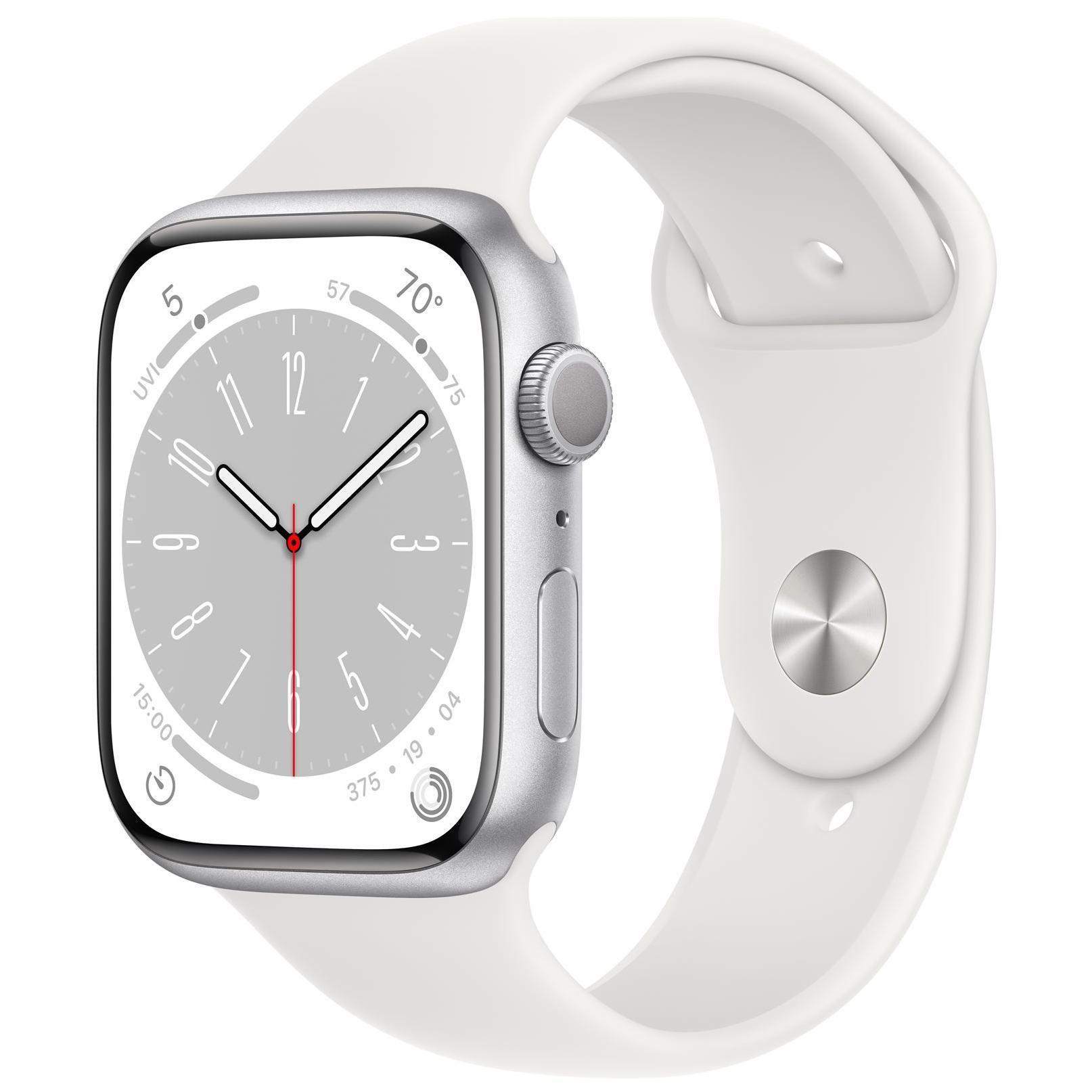 Apple Watch Series 8 (GPS) - 45 mm - aluminium argenté - Montre connectée avec bracelet sport - fluoroélastomère - blanc - taille du bracelet : Normal - 32 Go - Wi-Fi, Bluetooth - 38.8 g