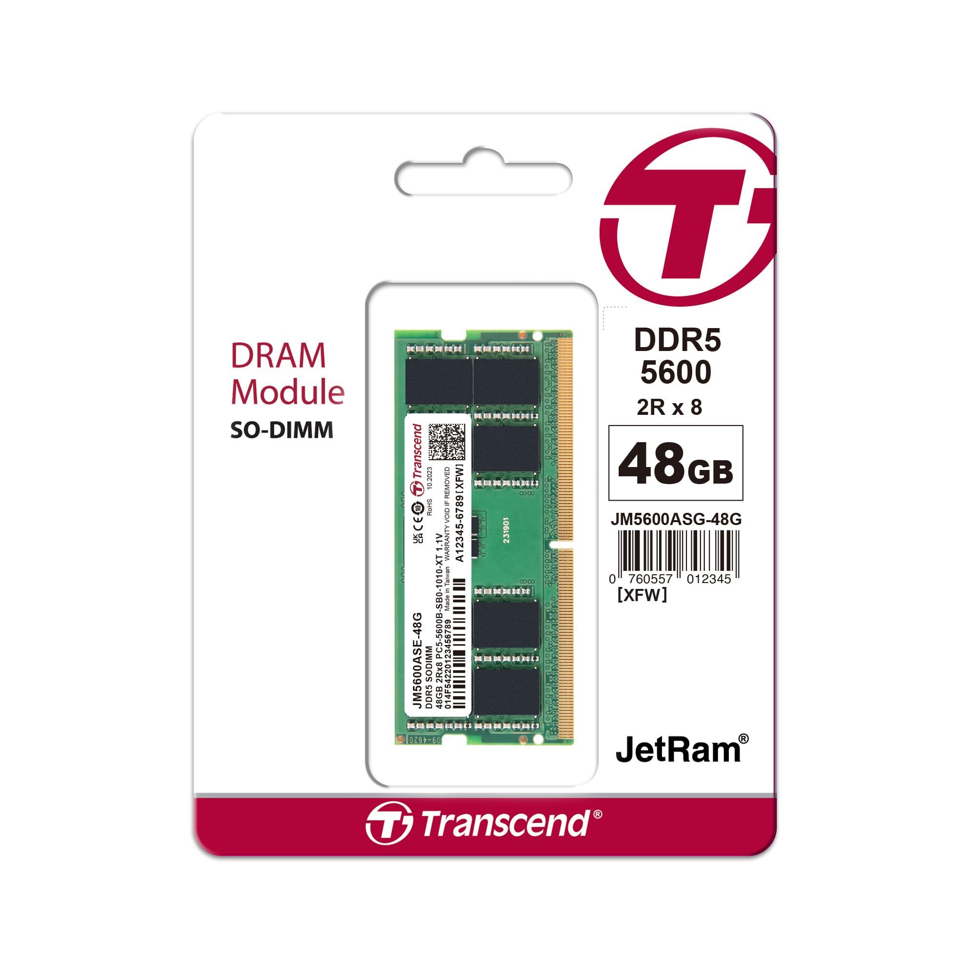Transcend JetRAM DDR5 module 48 Go SO DIMM 262 broches 2800 MHz / PC5 44800 CL46 1.1 V mémoire sans tampon on die ECC