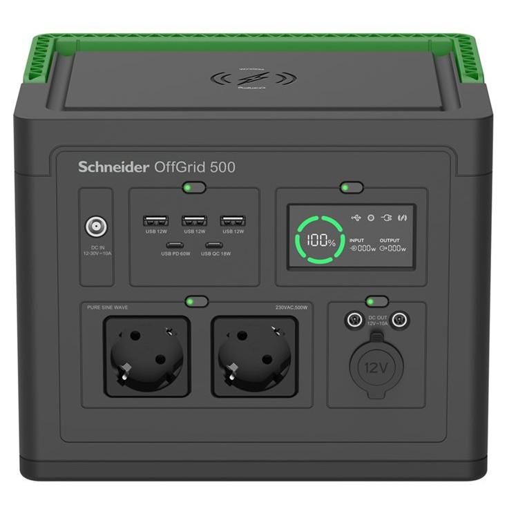 Schneider OffGrid 500 Centrale électrique portable LCD lithium ion 2 prises schuko CEE 73 onde sinusoïdale 3 USB A 2 USB C chargeur sans fil AC 195 265 / DC 12 30 V 500 Watt ...