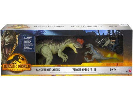 Coffret Pour Jurassic : Dino Velociraptor + Yangchuanosaurus + Owen + Moto Figurine Set Dinosaure + 1 Carte Animal
