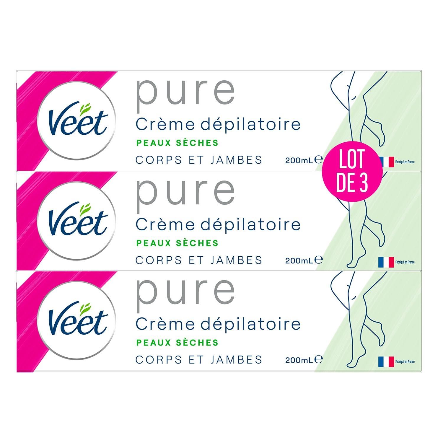 Veet Lot De 3 Crèmes Dépilatoire Pure Corps & Jambes Peaux Sèches Sans Odeur D'amoniaque 200ml