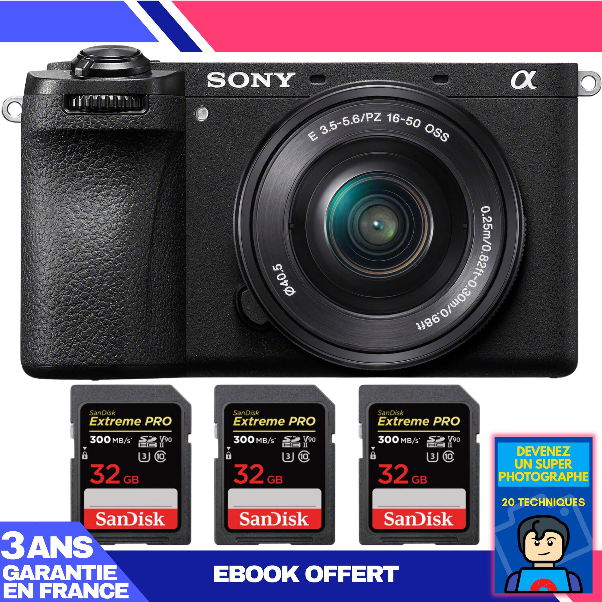 Boitier Sony A6700 + 16 50mm f3.5 5.6 OSS + 3 SanDisk Extreme PRO UHS II SDXC 300 MB/ + Ebook 'Devenez Un Super Photographe