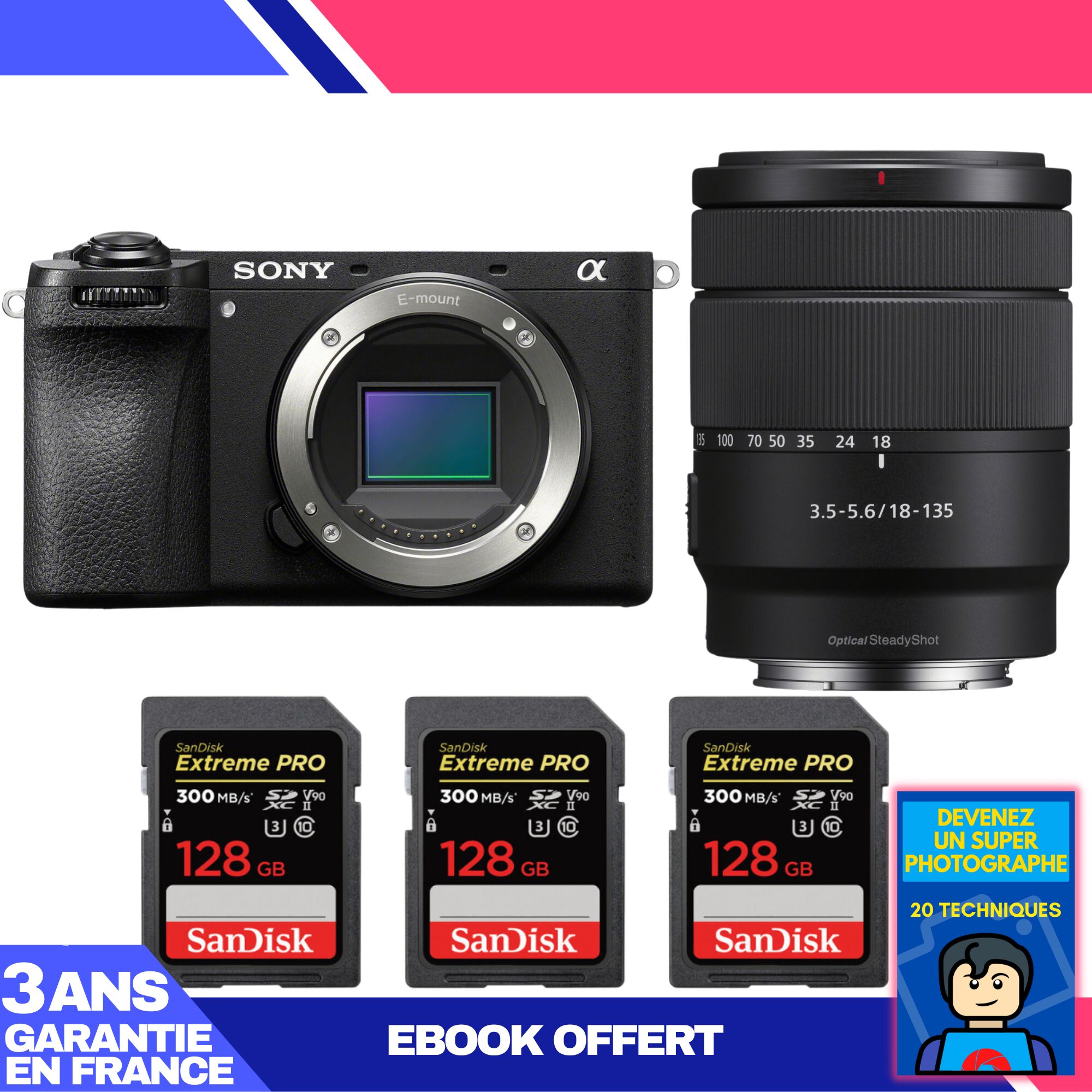 Boitier Sony A6700 + 18 135mm f3.5 5.6 OSS + 3 SanDisk Extreme PRO UHS II SDXC 300 MB/ + Ebook 'Devenez Un Super Photographe