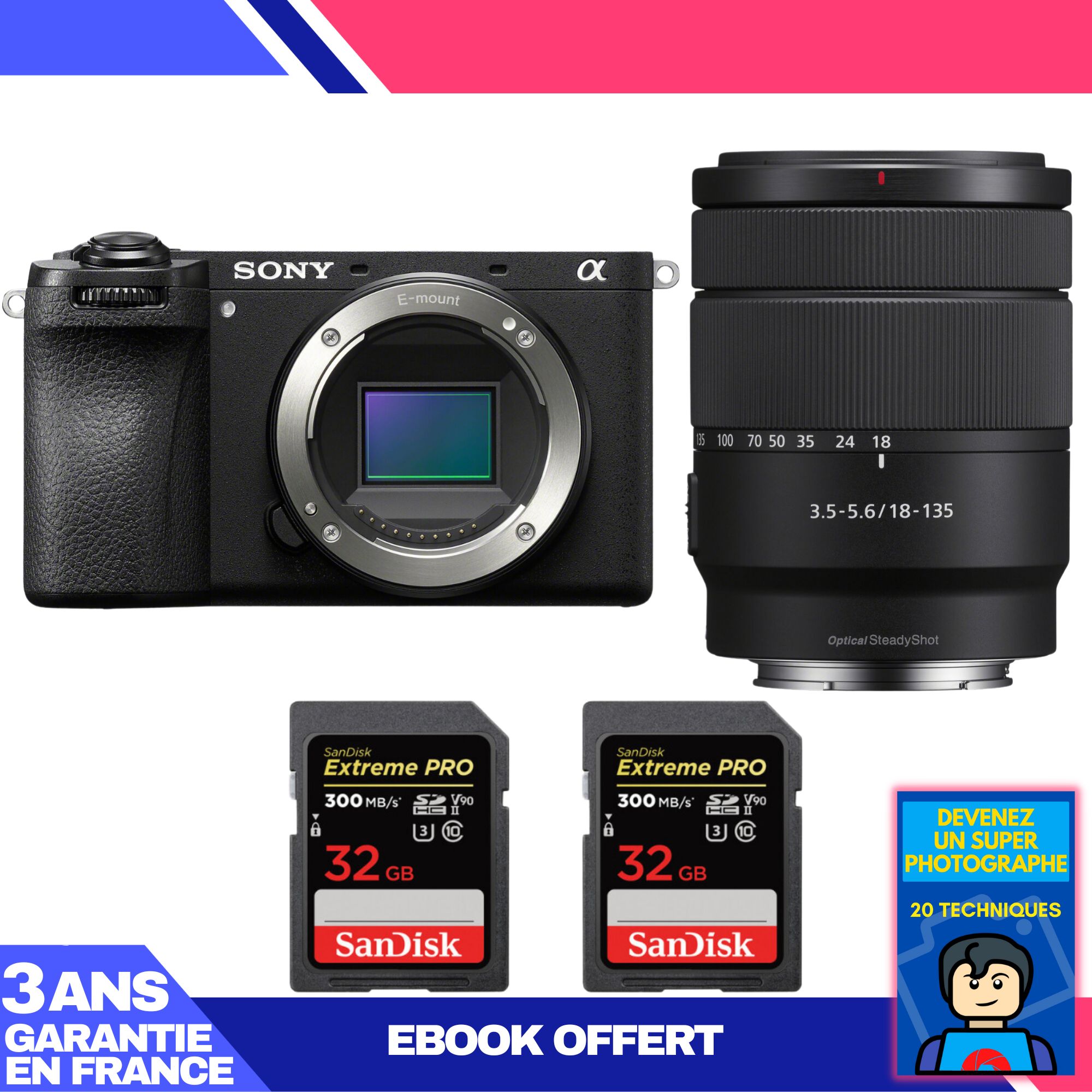 Boitier Sony A6700 + 18 135mm f3.5 5.6 OSS + 2 SanDisk Extreme PRO UHS II SDXC 300 MB/ + Ebook 'Devenez Un Super Photographe