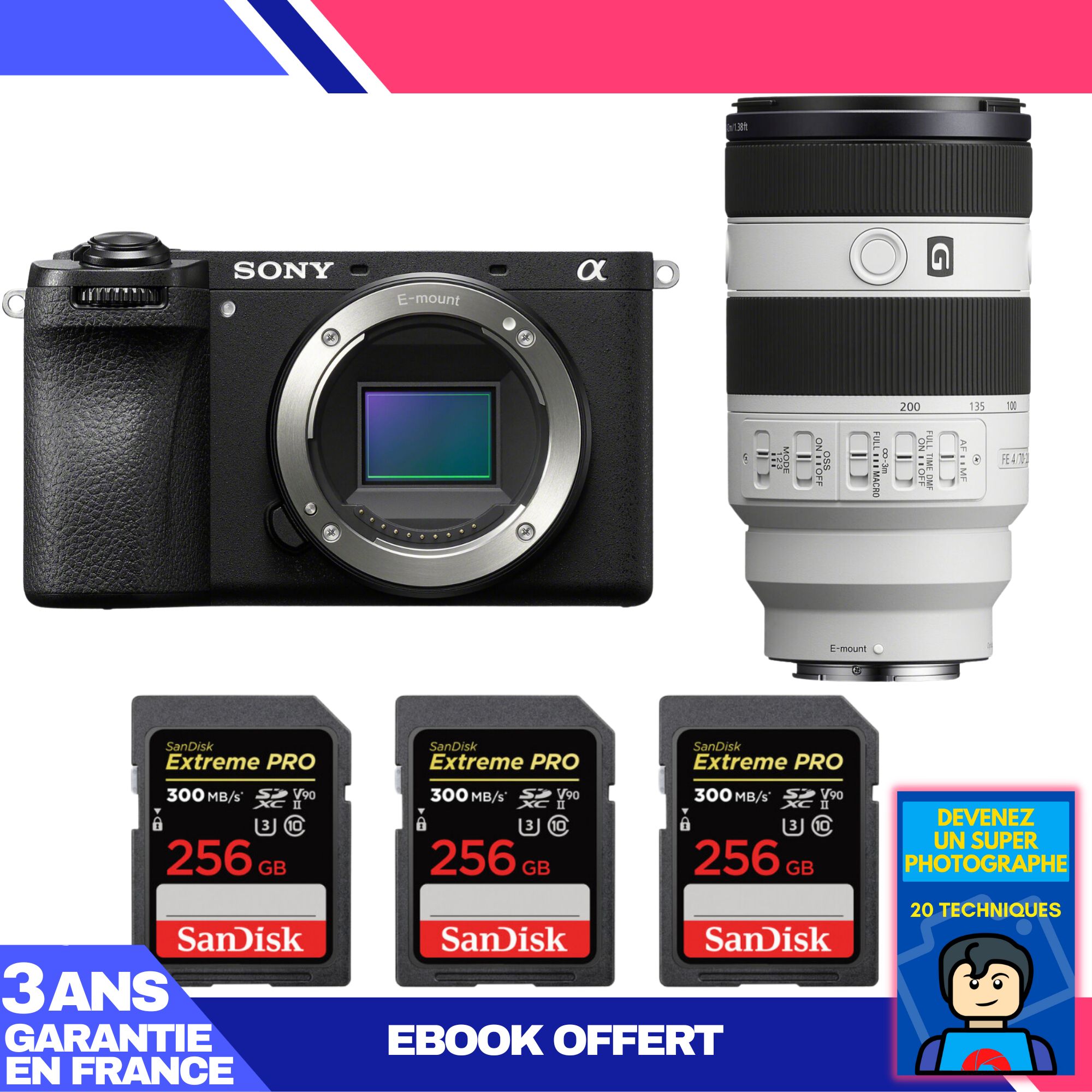 Boitier Sony A6700 + FE 70 200mm f4 Macro G OSS II + 3 SanDisk Extreme PRO UHS II SDXC 300 MB/ + Ebook 'Devenez Un Super Photographe - vue 2