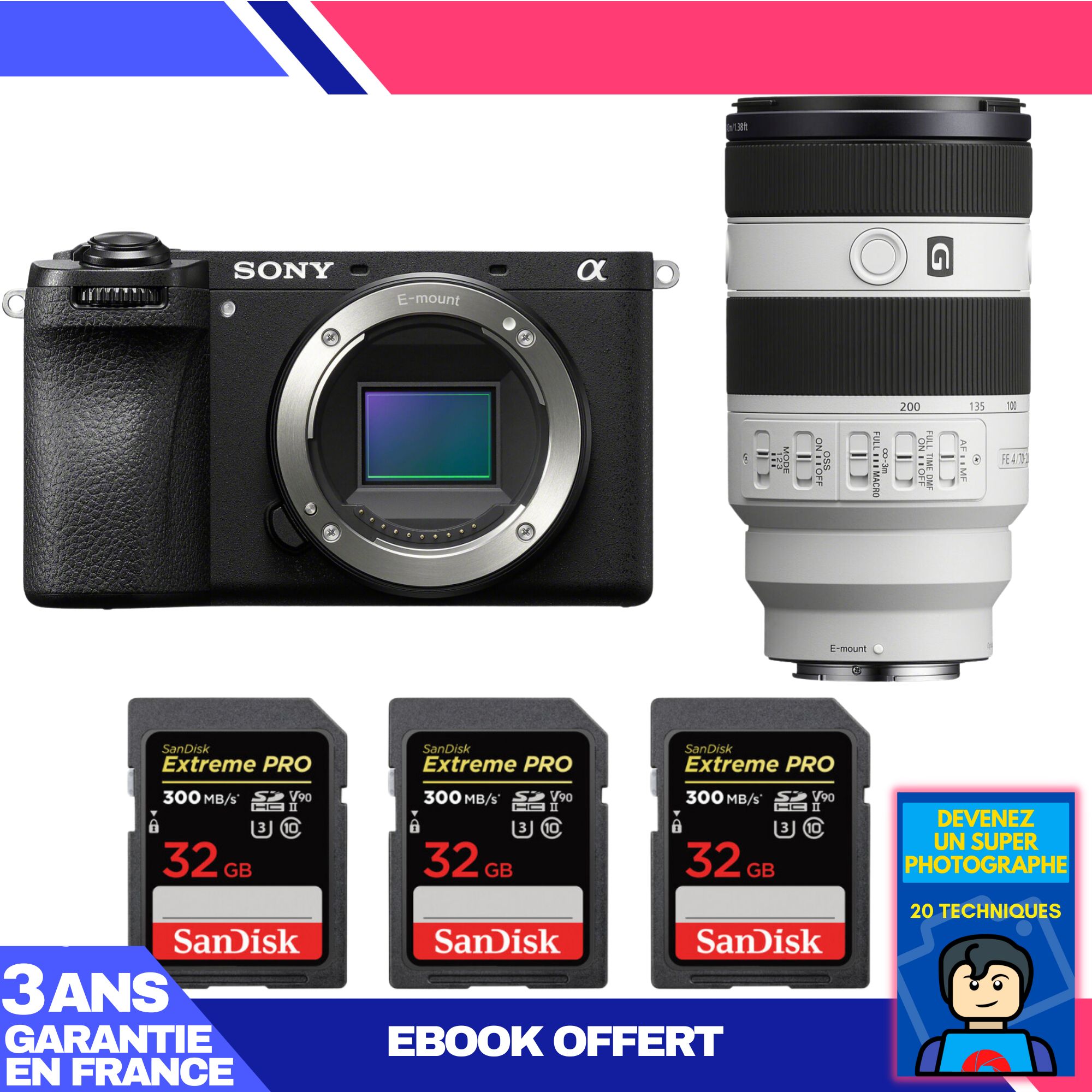 Boitier Sony A6700 + FE 70 200mm f4 Macro G OSS II + 3 SanDisk Extreme PRO UHS II SDXC 300 MB/ + Ebook 'Devenez Un Super Photographe