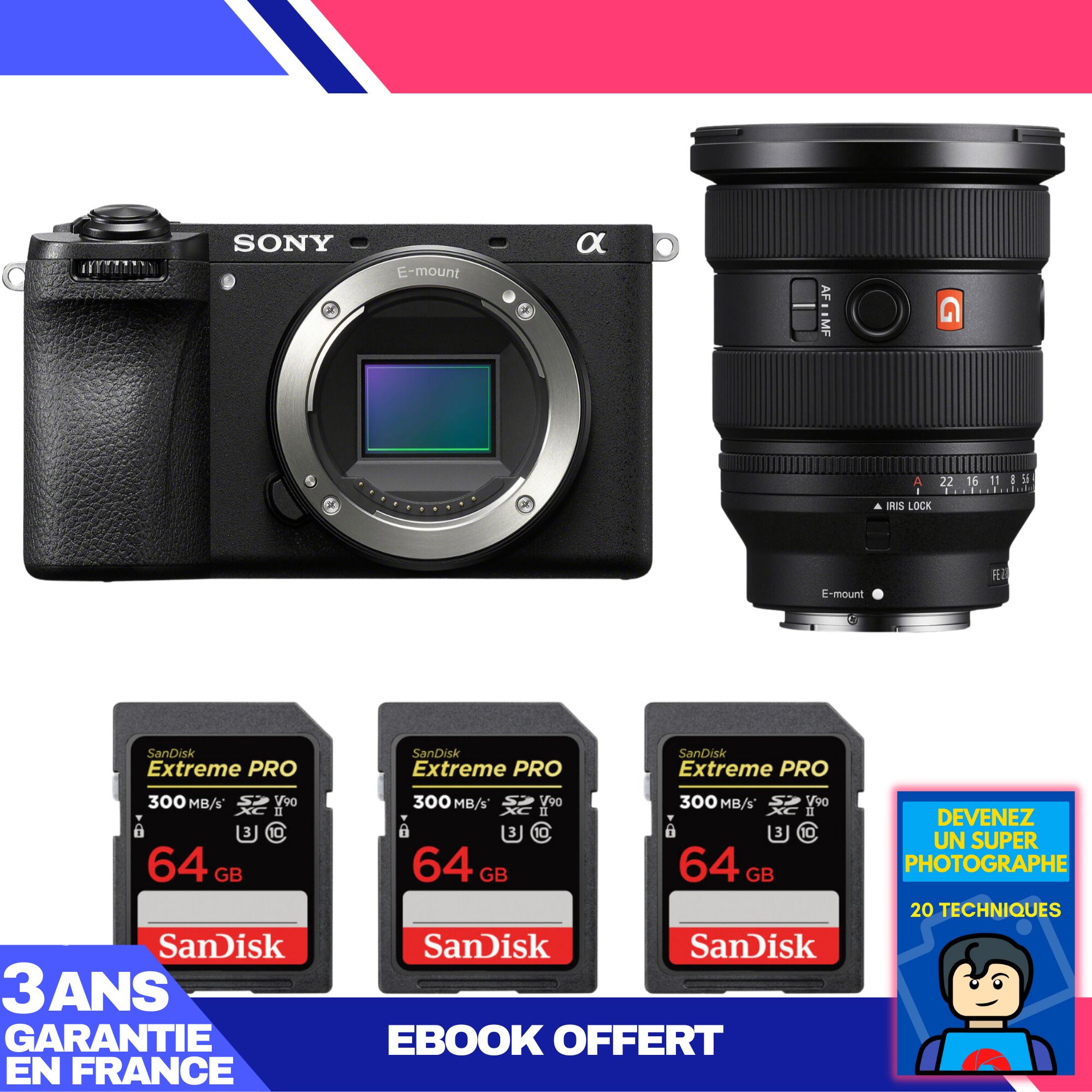 Boitier Sony A6700 + FE 16 35mm f2.8 GM II + 3 SanDisk Extreme PRO UHS II SDXC 300 MB/ + Ebook 'Devenez Un Super Photographe