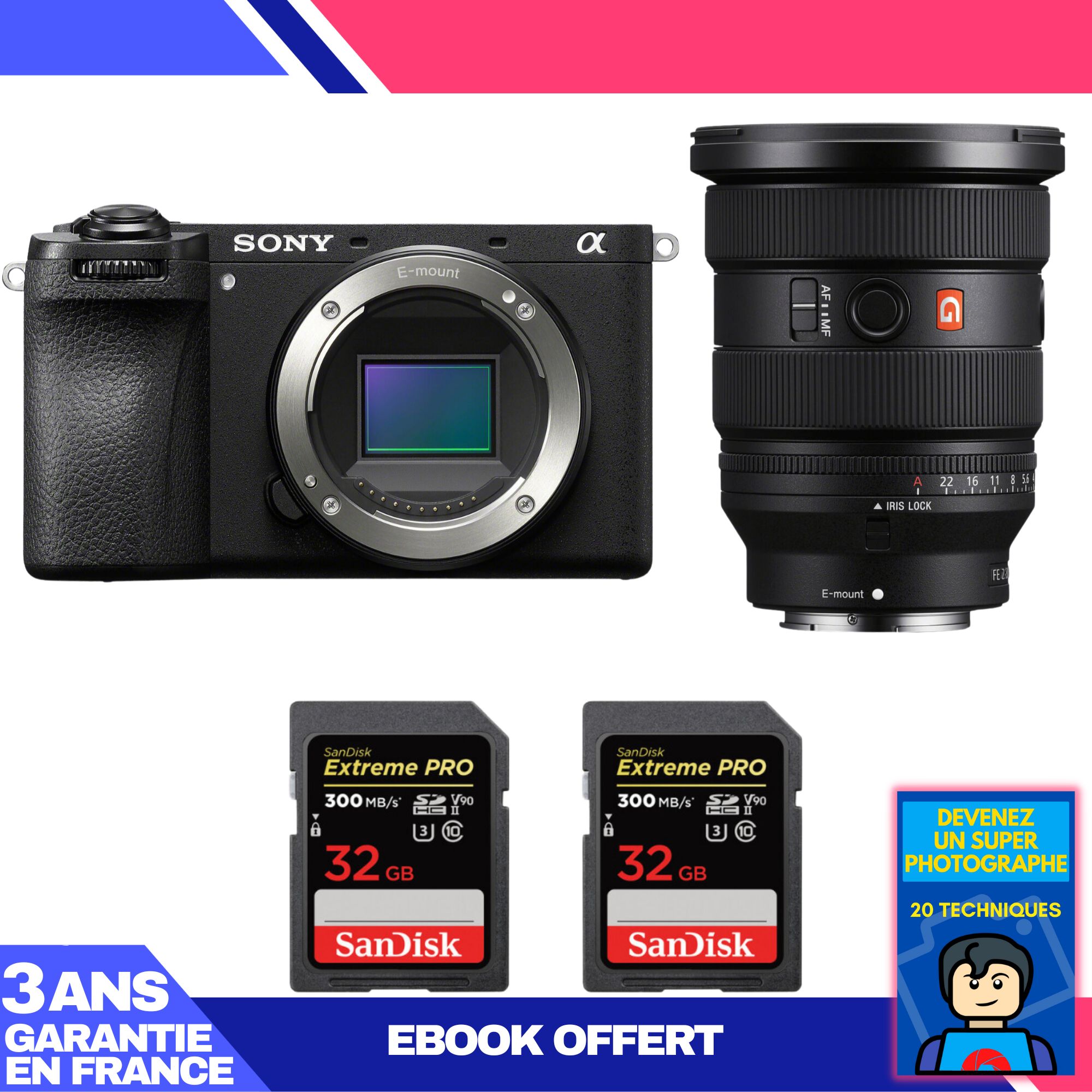 Boitier Sony A6700 + FE 16 35mm f2.8 GM II + 2 SanDisk Extreme PRO UHS II SDXC 300 MB/ + Ebook 'Devenez Un Super Photographe