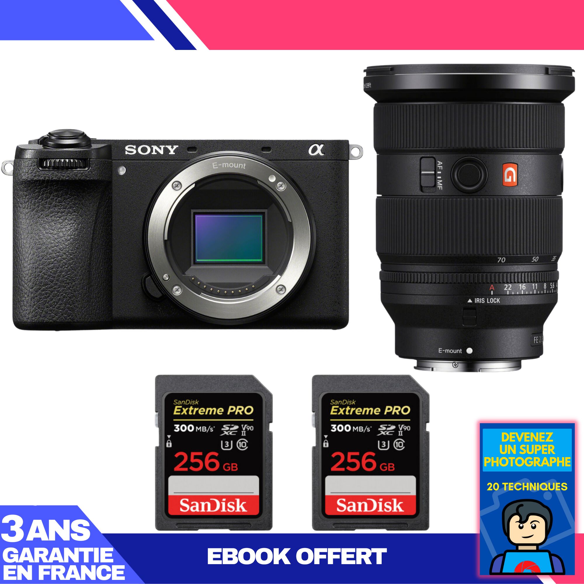 Boitier Sony A6700 + FE 24 70mm f2.8 GM II + 2 SanDisk Extreme PRO UHS II SDXC 300 MB/ + Ebook 'Devenez Un Super Photographe