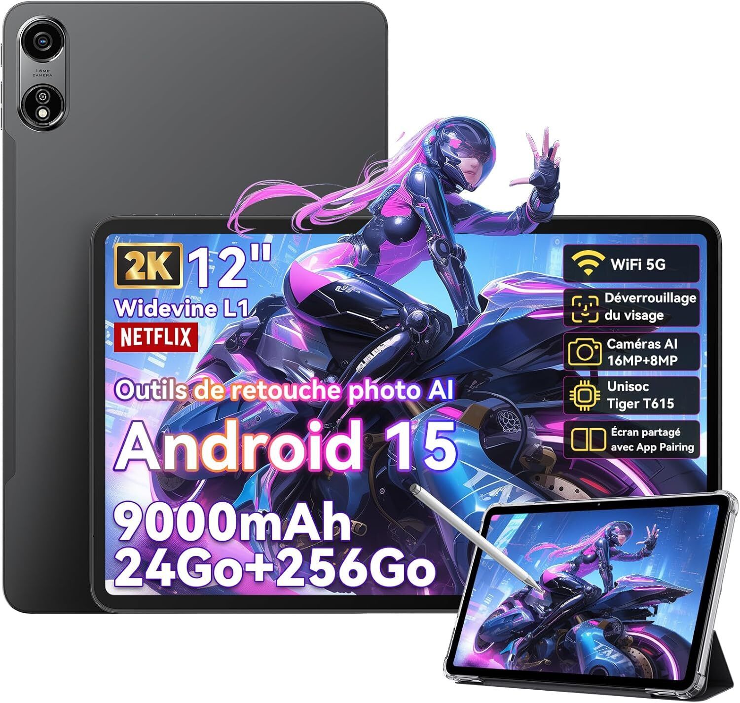 Oscal Pad 100 Tablette Tactile 12 Android 15 2.4G+5G Wifi RAM 24Go ROM SD 9000mAh 16MP+8MP Dual SIM Mode PC WPS