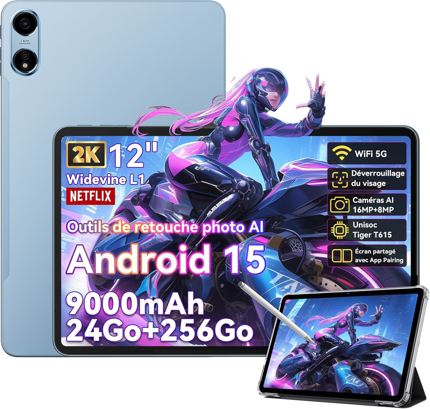 Oscal Pad 100 Tablette Tactile 12 Android 15 2.4G+5G Wifi RAM 24Go ROM SD 9000mAh 16MP+8MP Dual SIM Mode PC WPS - vue 2