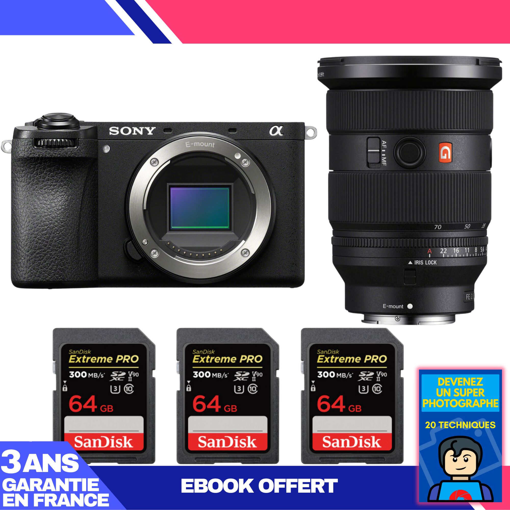 Boitier Sony A6700 + FE 24 70mm f2.8 GM II + 3 SanDisk Extreme PRO UHS II SDXC 300 MB/ + Ebook 'Devenez Un Super Photographe