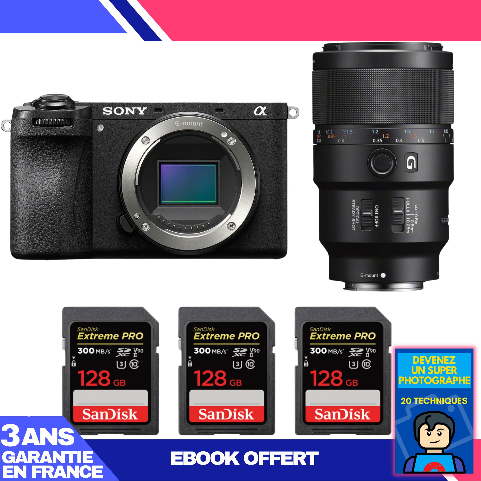 Boitier Sony A6700 + FE 90mm f2.8 Macro G OSS + 3 SanDisk Extreme PRO UHS II SDXC 300 MB/ + Ebook 'Devenez Un Super Photographe