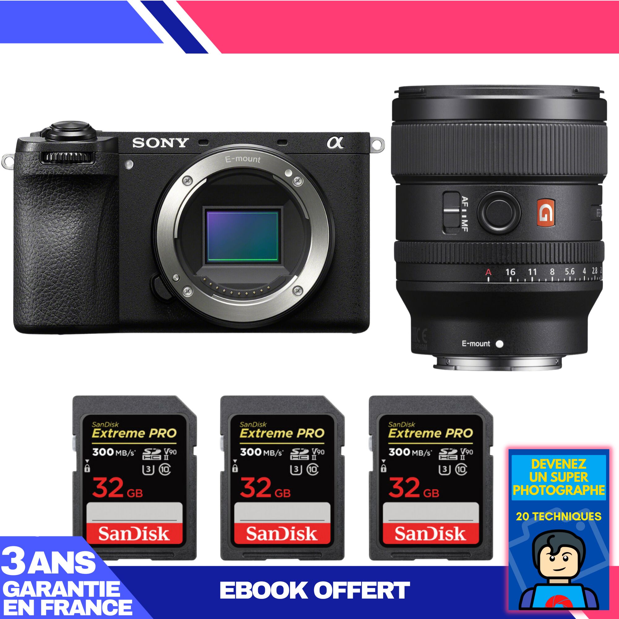 Boitier Sony A6700 + FE 24mm f1.4 GM + 3 SanDisk Extreme PRO UHS II SDXC 300 MB/ + Ebook 'Devenez Un Super Photographe