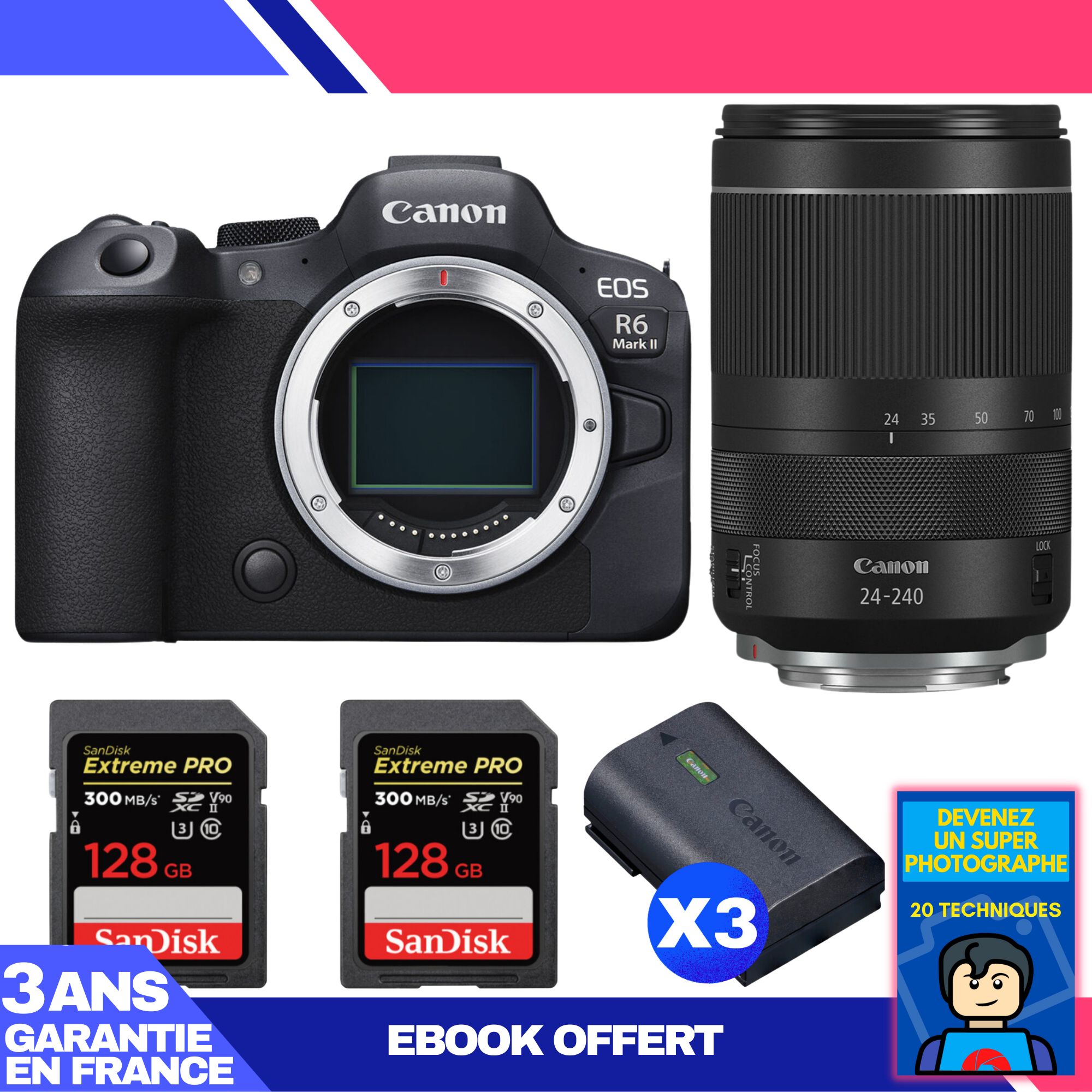 Boitier Canon EOS R6 Mark II + RF 24 240mm f4 6.3 IS USM + 2 SanDisk Extreme PRO UHS II SDXC 300 MB/ + 3 Canon LP E6NH + Ebook 'Devenez Un Super Photographe - vue 3