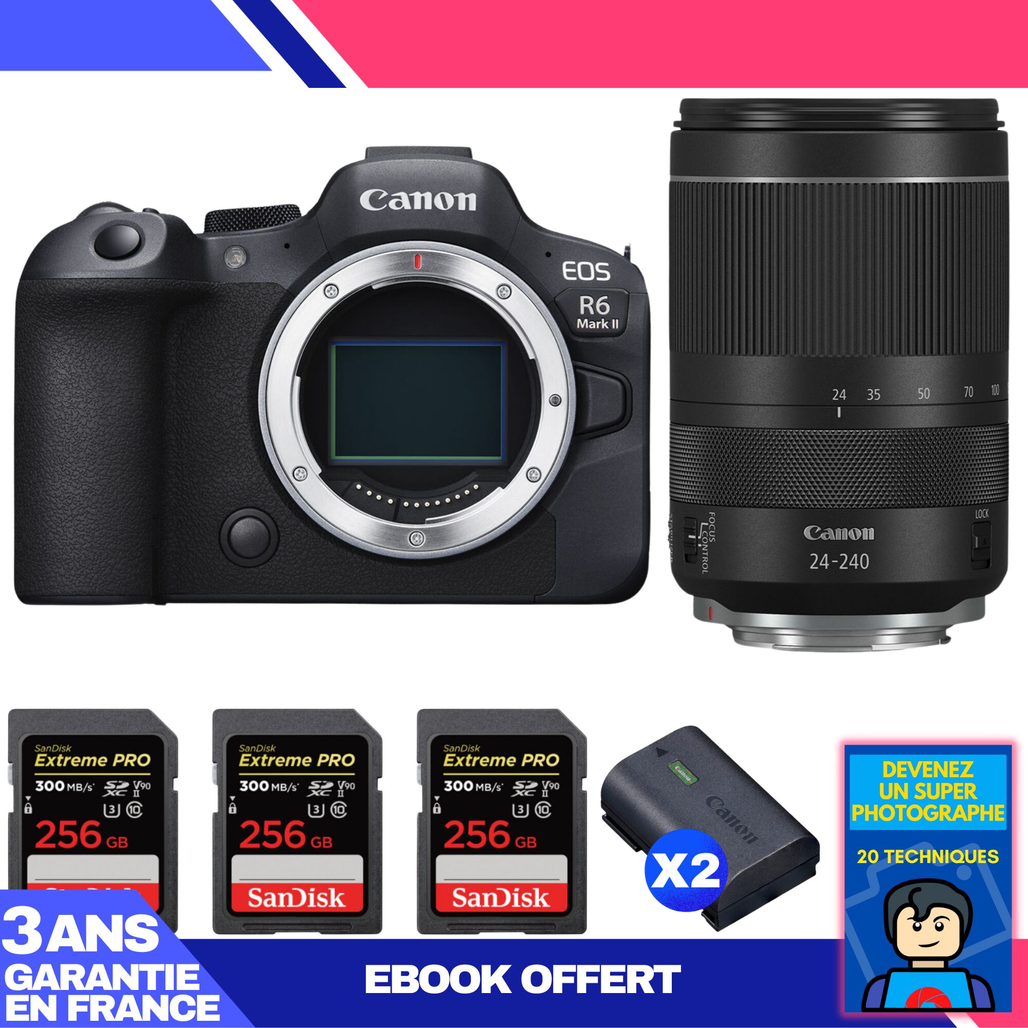 Boitier Canon EOS R6 Mark II + RF 24 240mm f4 6.3 IS USM + 3 SanDisk Extreme PRO UHS II SDXC 300 MB/ + 2 Canon LP E6NH + Ebook 'Devenez Un Super Photographe - vue 3