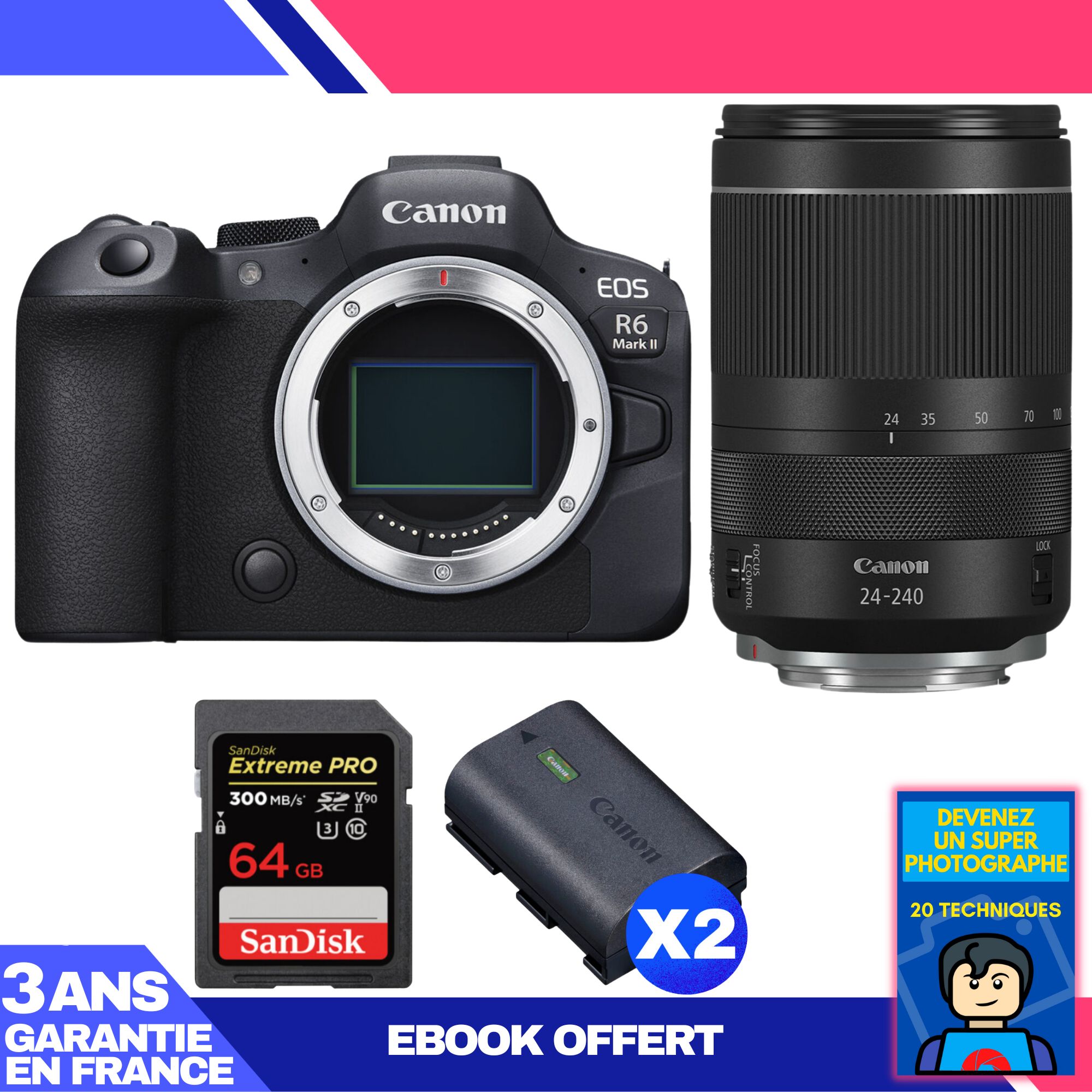 Boitier Canon EOS R6 Mark II + RF 24 240mm f4 6.3 IS USM + 1 SanDisk Extreme PRO UHS II SDXC 300 MB/ + 2 Canon LP E6NH + Ebook 'Devenez Un Super Photographe