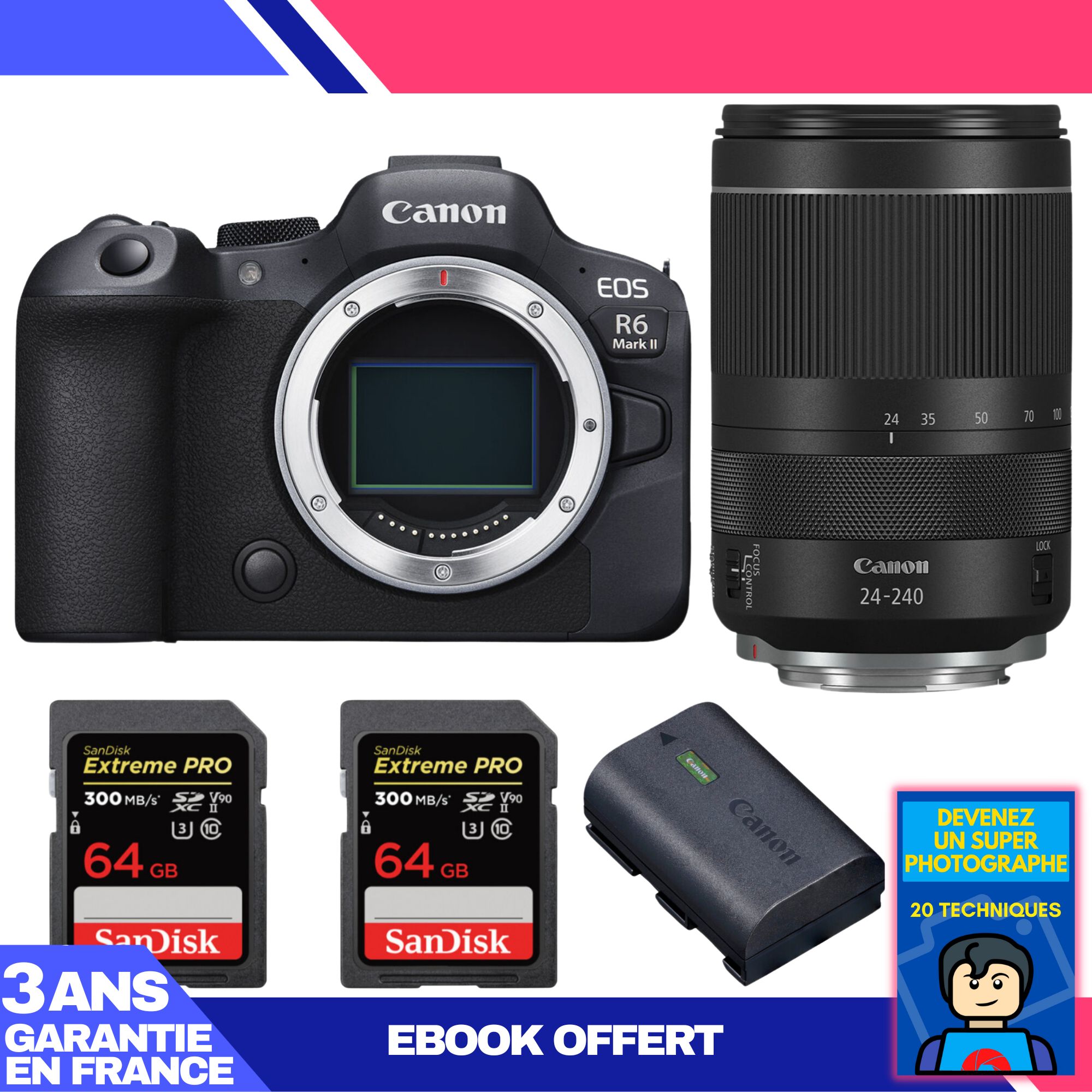 Boitier Canon EOS R6 Mark II + RF 24 240mm f4 6.3 IS USM + 2 SanDisk Extreme PRO UHS II SDXC 300 MB/ + 1 Canon LP E6NH + Ebook 'Devenez Un Super Photographe - vue 2