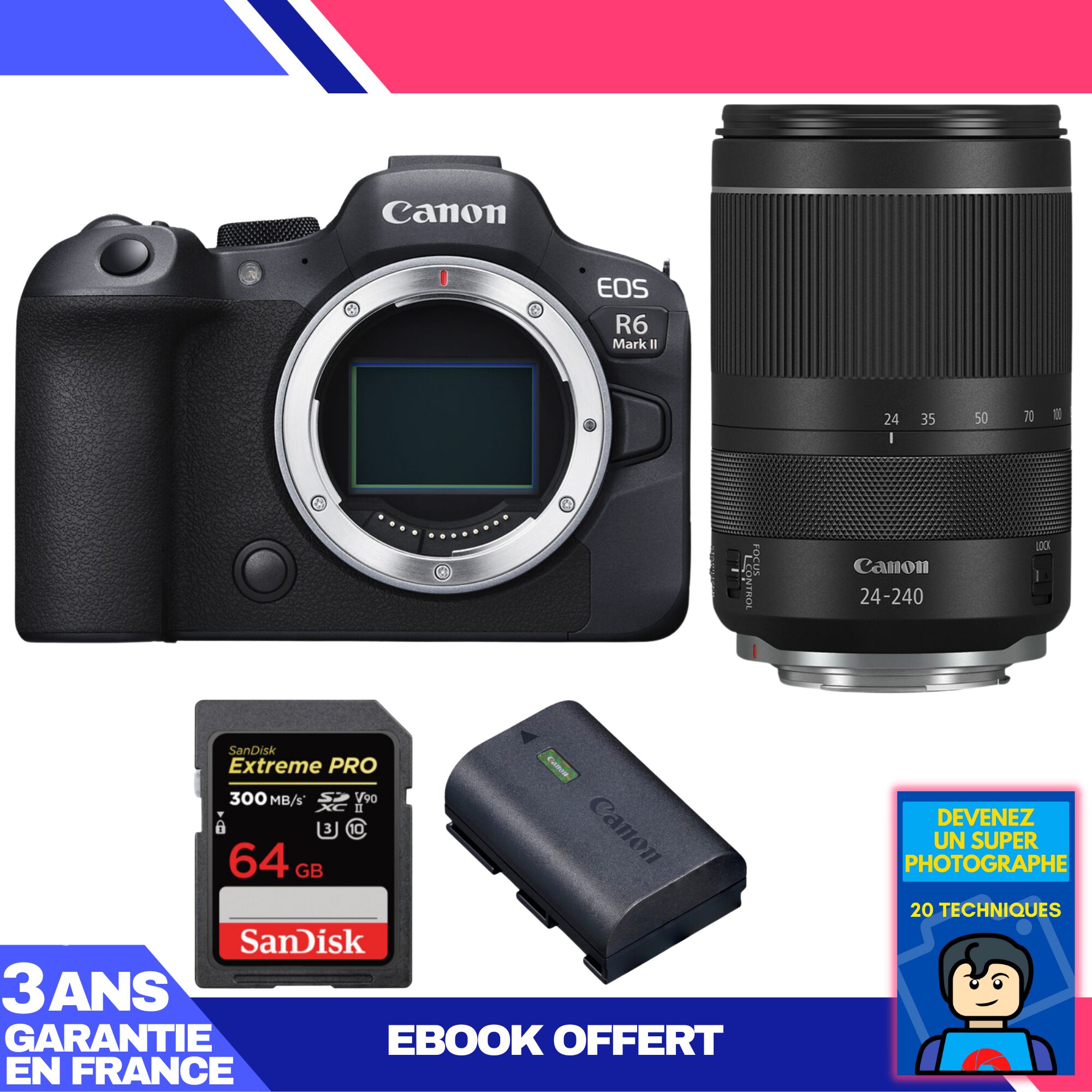 Boitier Canon EOS R6 Mark II + RF 24 240mm f4 6.3 IS USM + 1 SanDisk Extreme PRO UHS II SDXC 300 MB/ + 1 Canon LP E6NH + Ebook 'Devenez Un Super Photographe - vue 4