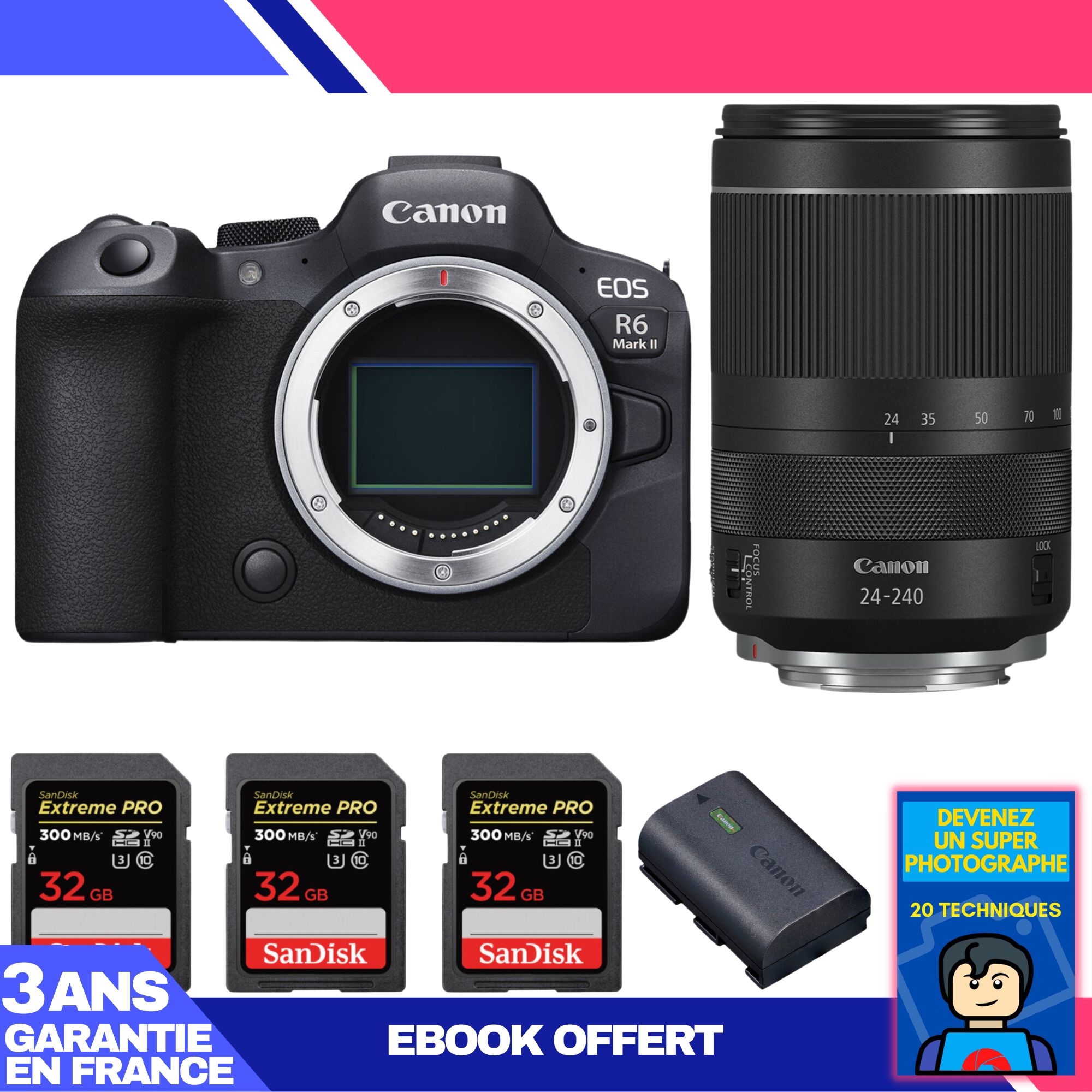 Boitier Canon EOS R6 Mark II + RF 24 240mm f4 6.3 IS USM + 3 SanDisk Extreme PRO UHS II SDXC 300 MB/ + 1 Canon LP E6NH + Ebook 'Devenez Un Super Photographe - vue 3