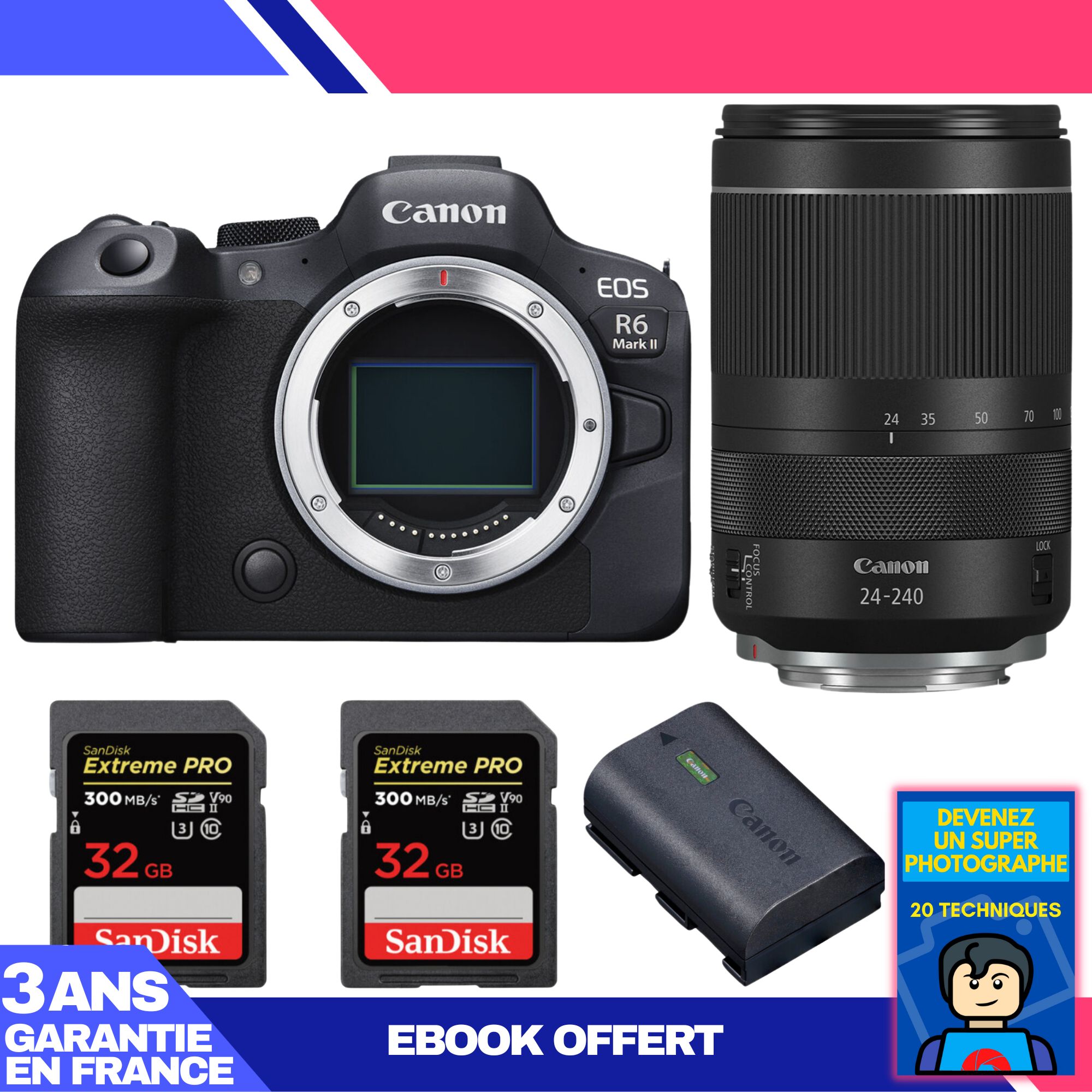 Boitier Canon EOS R6 Mark II + RF 24 240mm f4 6.3 IS USM + 2 SanDisk Extreme PRO UHS II SDXC 300 MB/ + 1 Canon LP E6NH + Ebook 'Devenez Un Super Photographe - vue 3