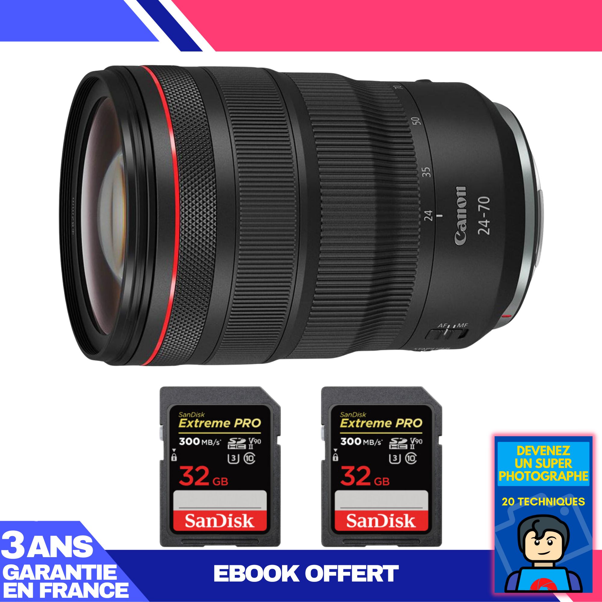 Canon RF 24 70 mm f/ IS USM + 2 SanDisk Extreme PRO UHS II 300 MB/ + Ebook 'Devenez Un Super Photographe