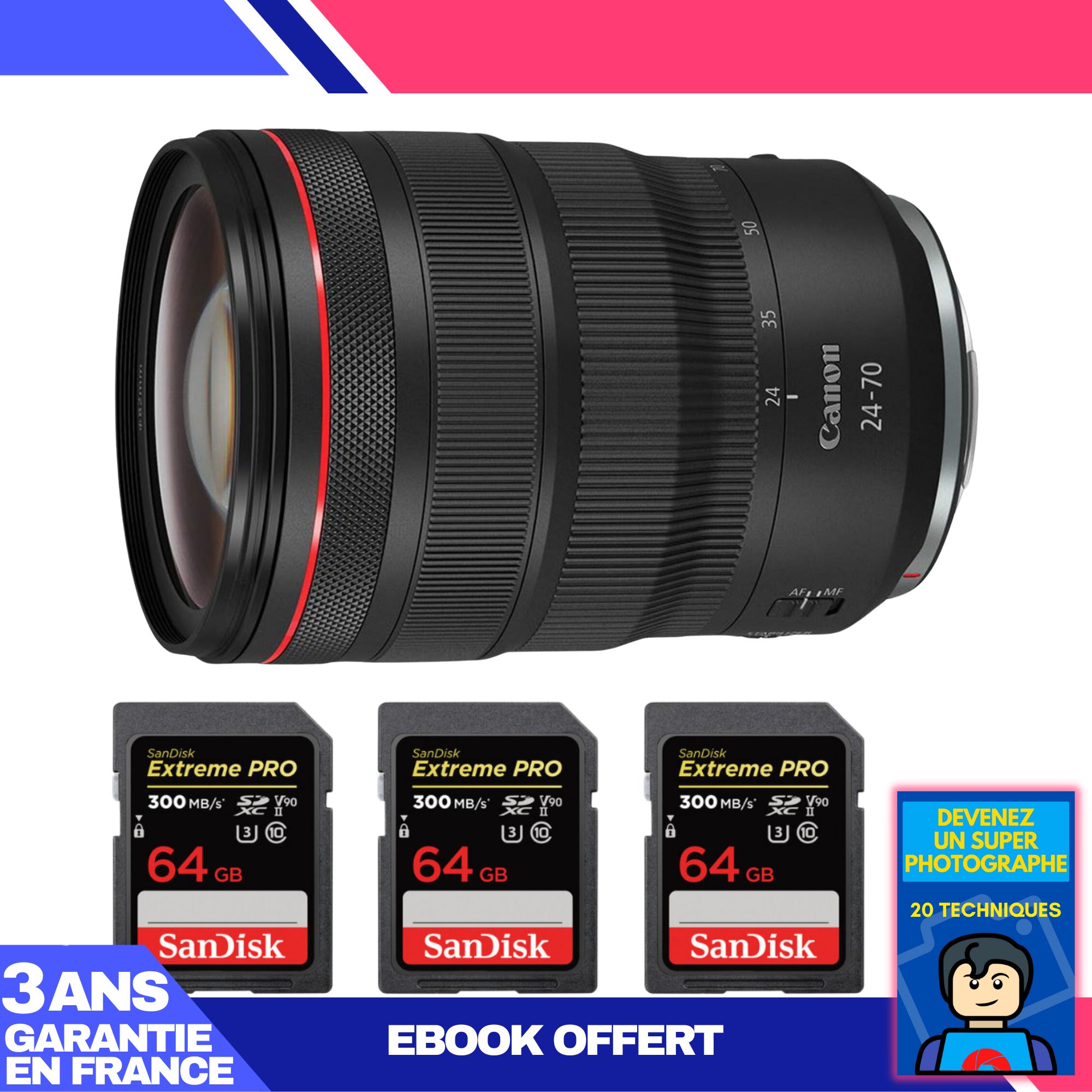 Canon RF 24 70 mm f/ IS USM + 3 SanDisk Extreme PRO UHS II 300 MB/ + Ebook 'Devenez Un Super Photographe
