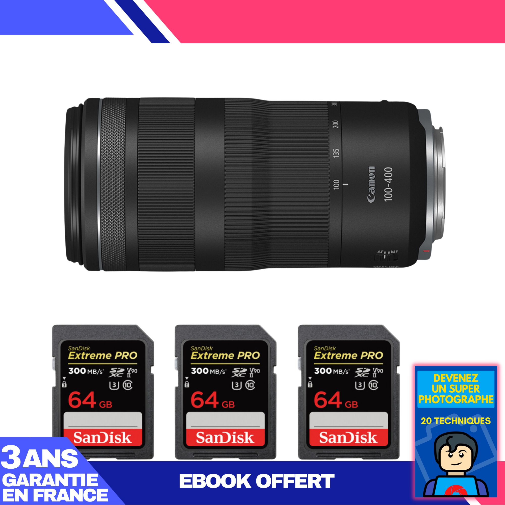 Canon RF 100 400mm f5.6 8 IS USM + 3 SanDisk Extreme PRO UHS II SDXC 300 MB/ + Ebook 'Devenez Un Super Photographe