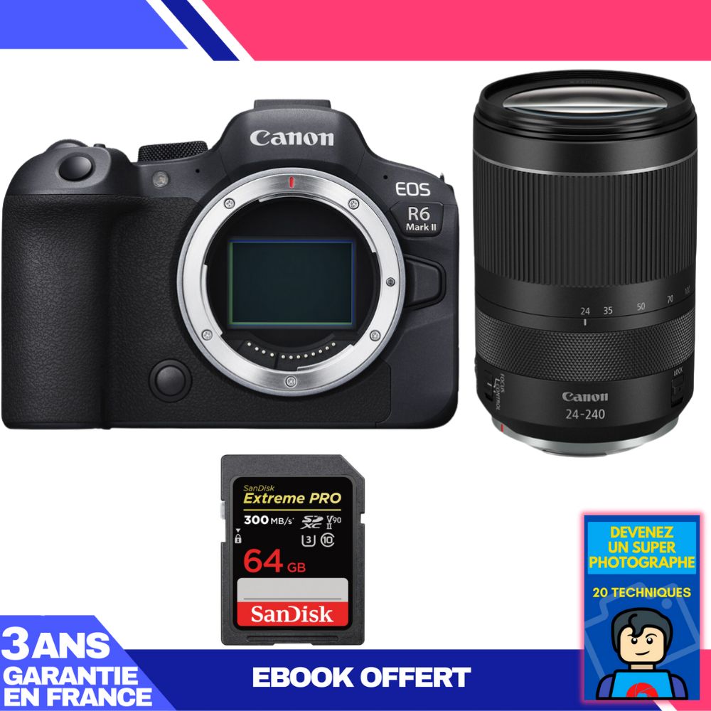 Boitier Canon EOS R6 Mark II + RF 24 240mm f4 6.3 IS USM + 1 SanDisk Extreme PRO UHS II SDXC 300 MB/ + Ebook 'Devenez Un Super Photographe