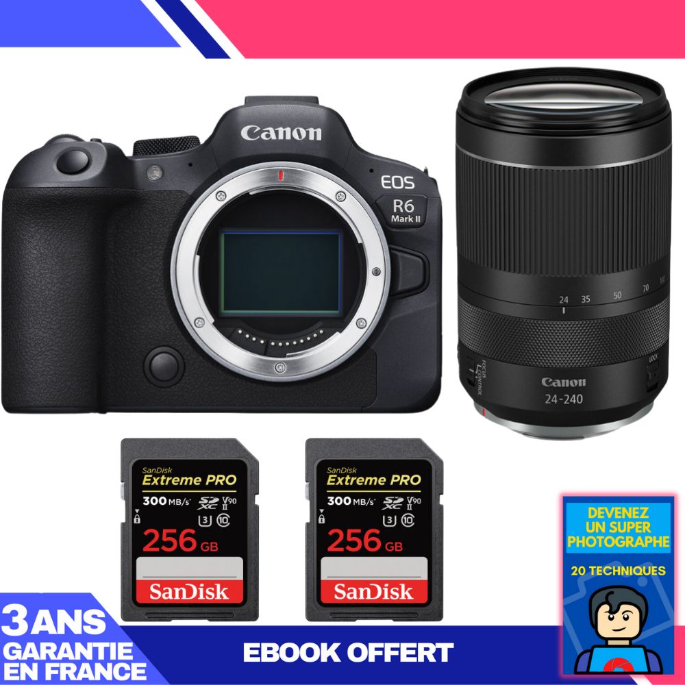 Boitier Canon EOS R6 Mark II + RF 24 240mm f4 6.3 IS USM + 2 SanDisk Extreme PRO UHS II SDXC 300 MB/ + Ebook 'Devenez Un Super Photographe - vue 2