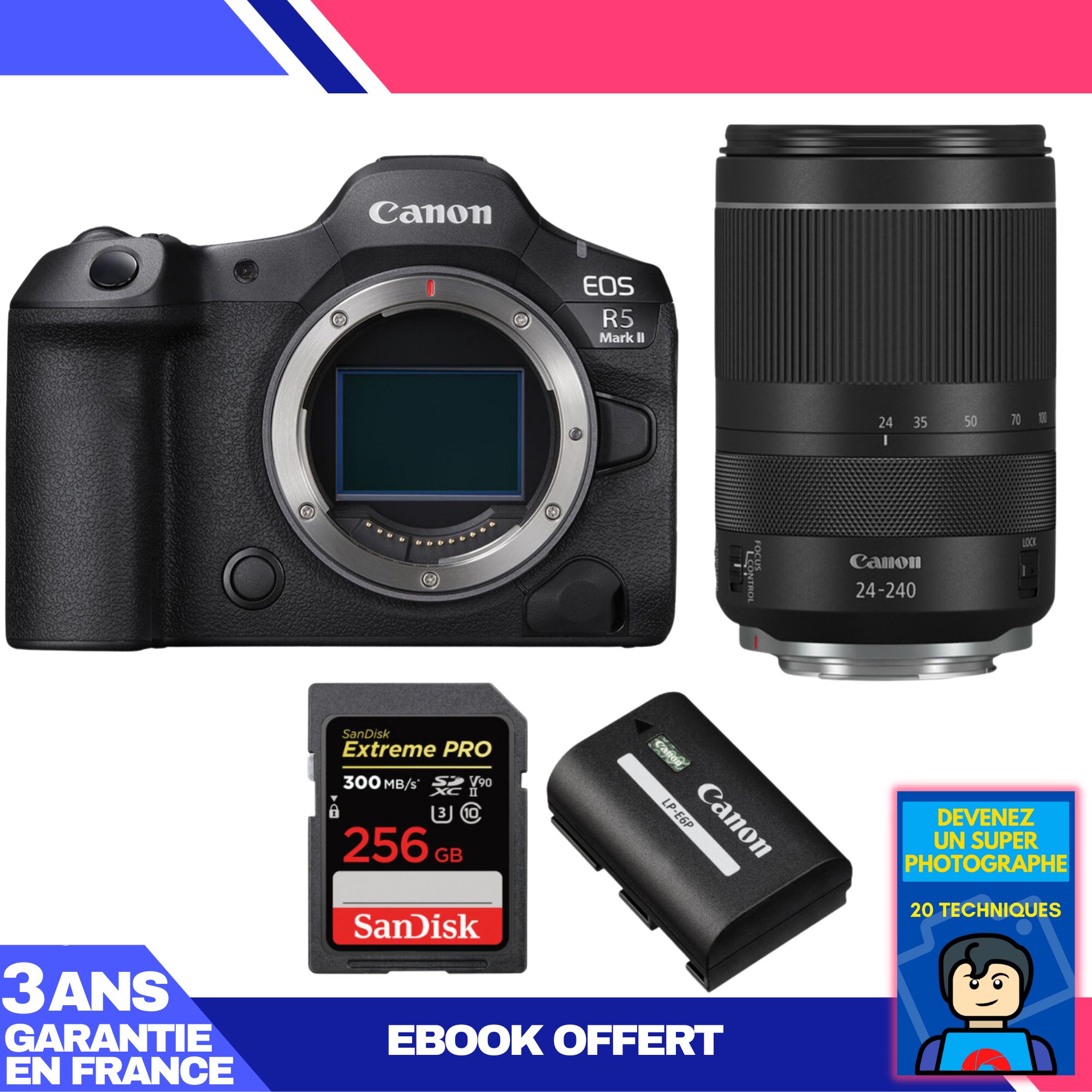 Boitier Canon EOS R5 Mark II + RF 24 240mm f4 6.3 IS USM + 1 SanDisk Extreme PRO UHS II SDXC 300 MB/ + 1 Canon LP E6P + Ebook 'Devenez Un Super Photographe