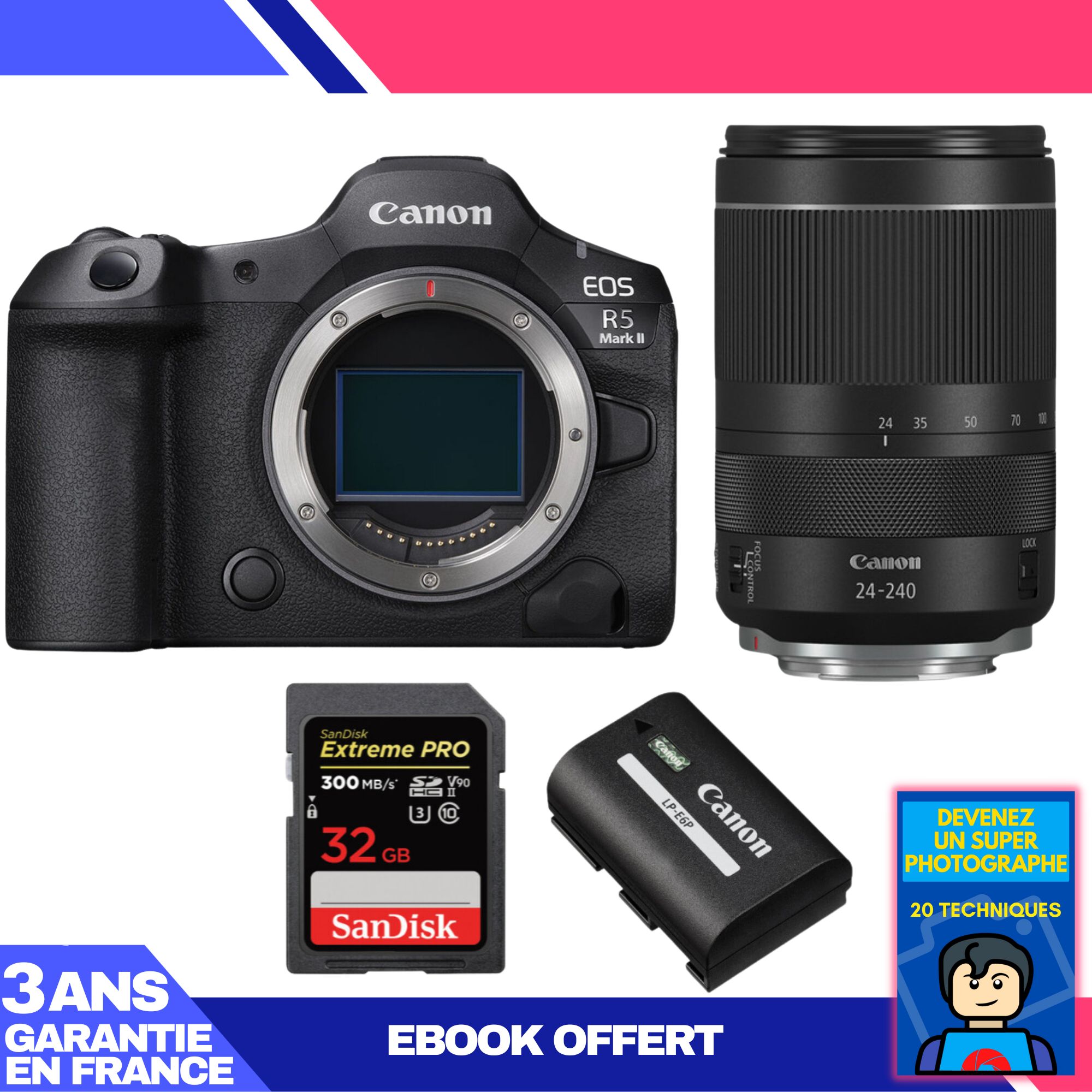 Boitier Canon EOS R5 Mark II + RF 24 240mm f4 6.3 IS USM + 1 SanDisk Extreme PRO UHS II SDXC 300 MB/ + 1 Canon LP E6P + Ebook 'Devenez Un Super Photographe - vue 5