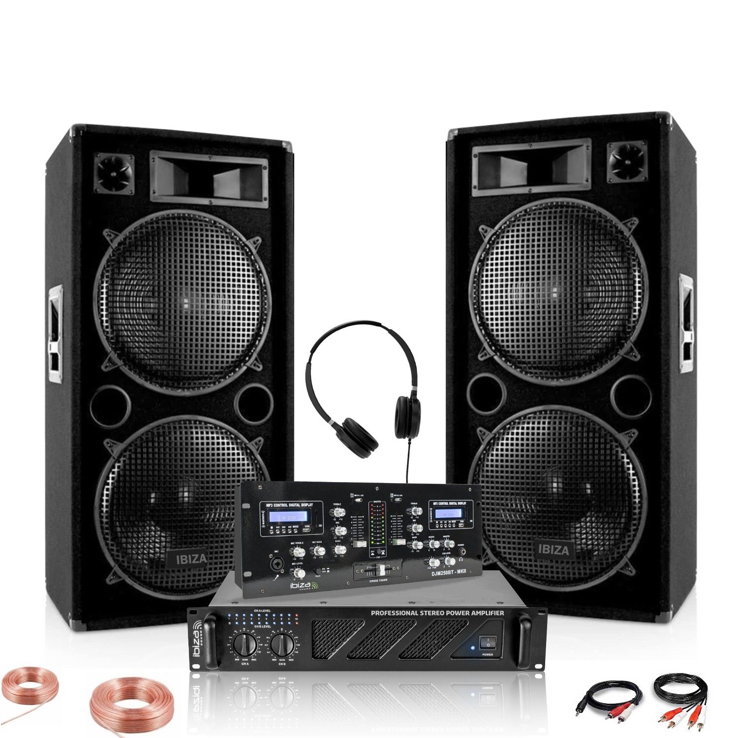 Pack Sono DJ 2 Enceintes Ibiza STAR212 2x1500W - Ampli 2x800W AMP1000-MKII - Table Mixage DJM250BT-MKII - Soirée Pro Fête Mariage