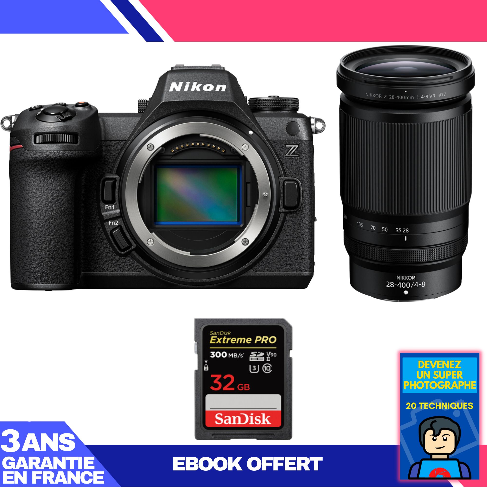 Boitier Nikon Z6 III + Z 28 400mm f4 8 VR + 1 SanDisk Extreme PRO UHS II SDXC 300 MB/ + Ebook 'Devenez Un Super Photographe