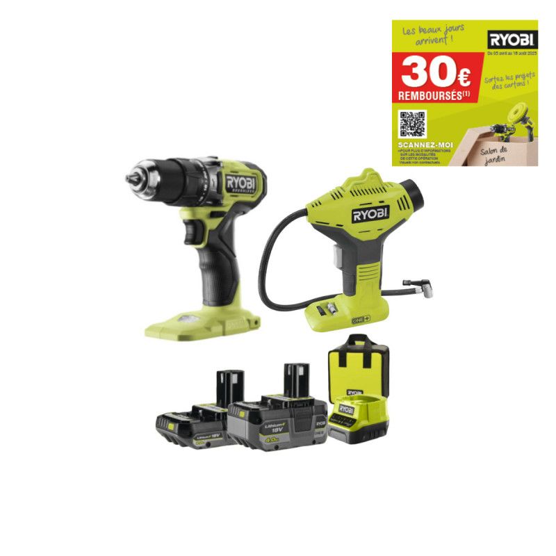 Perceuse visseuse à percussion RYOBI 18V One+ Brushless Batteries 2 0 et 4 0Ah Chargeur Compresseur OFFERT