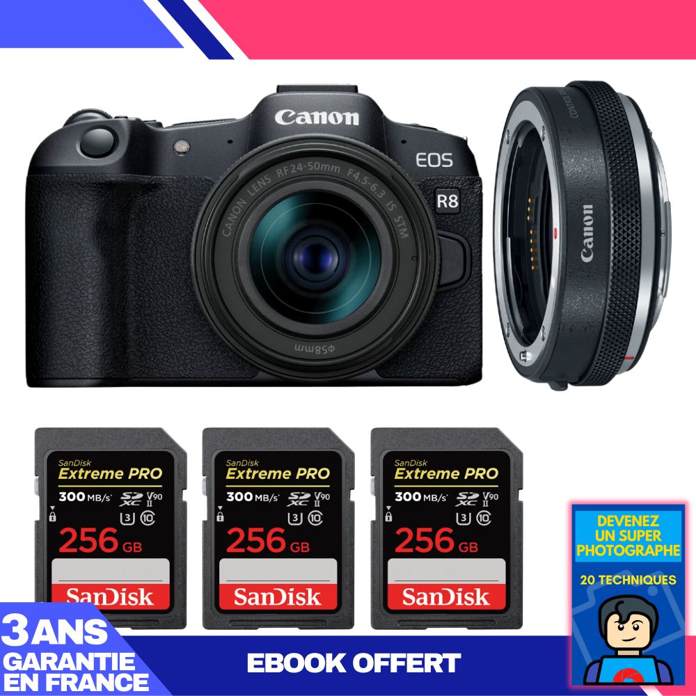 Boitier Canon EOS R8 + RF 24 50mm IS STM + EF EOS R Premium + 3 SanDisk Extreme PRO UHS II SDXC 300 MB/ + Ebook 'Devenez Un Super Photographe - vue 2