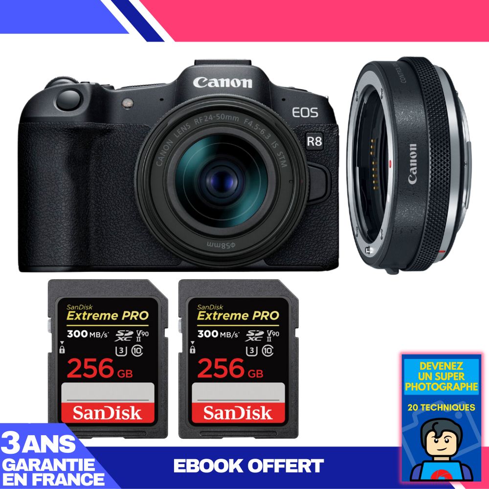 Boitier Canon EOS R8 + RF 24 50mm IS STM + EF EOS R Premium + 2 SanDisk Extreme PRO UHS II SDXC 300 MB/ + Ebook 'Devenez Un Super Photographe - vue 4