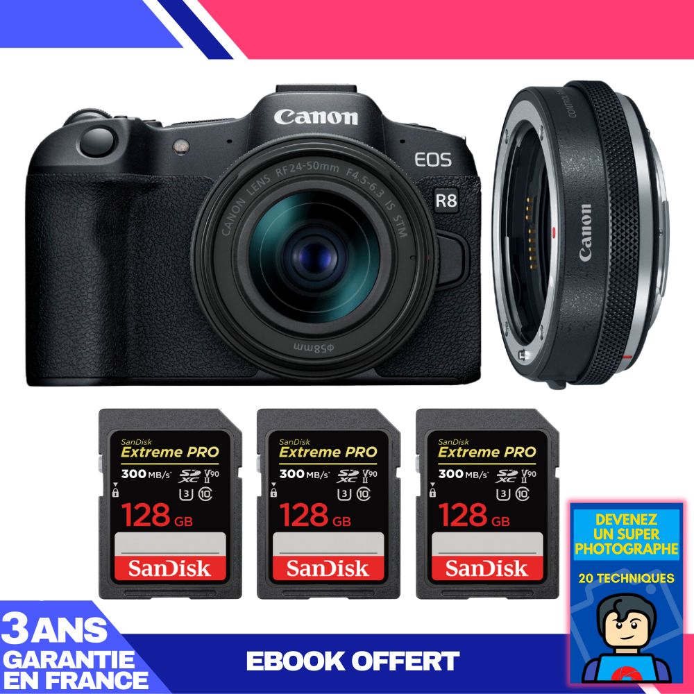 Boitier Canon EOS R8 + RF 24 50mm IS STM + EF EOS R Premium + 3 SanDisk Extreme PRO UHS II SDXC 300 MB/ + Ebook 'Devenez Un Super Photographe - vue 4