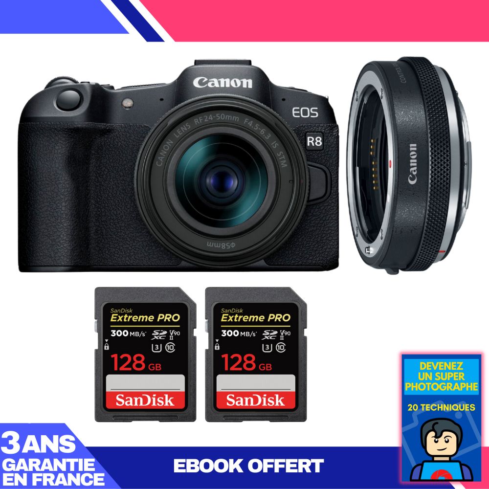 Boitier Canon EOS R8 + RF 24 50mm IS STM + EF EOS R Premium + 2 SanDisk Extreme PRO UHS II SDXC 300 MB/ + Ebook 'Devenez Un Super Photographe - vue 2
