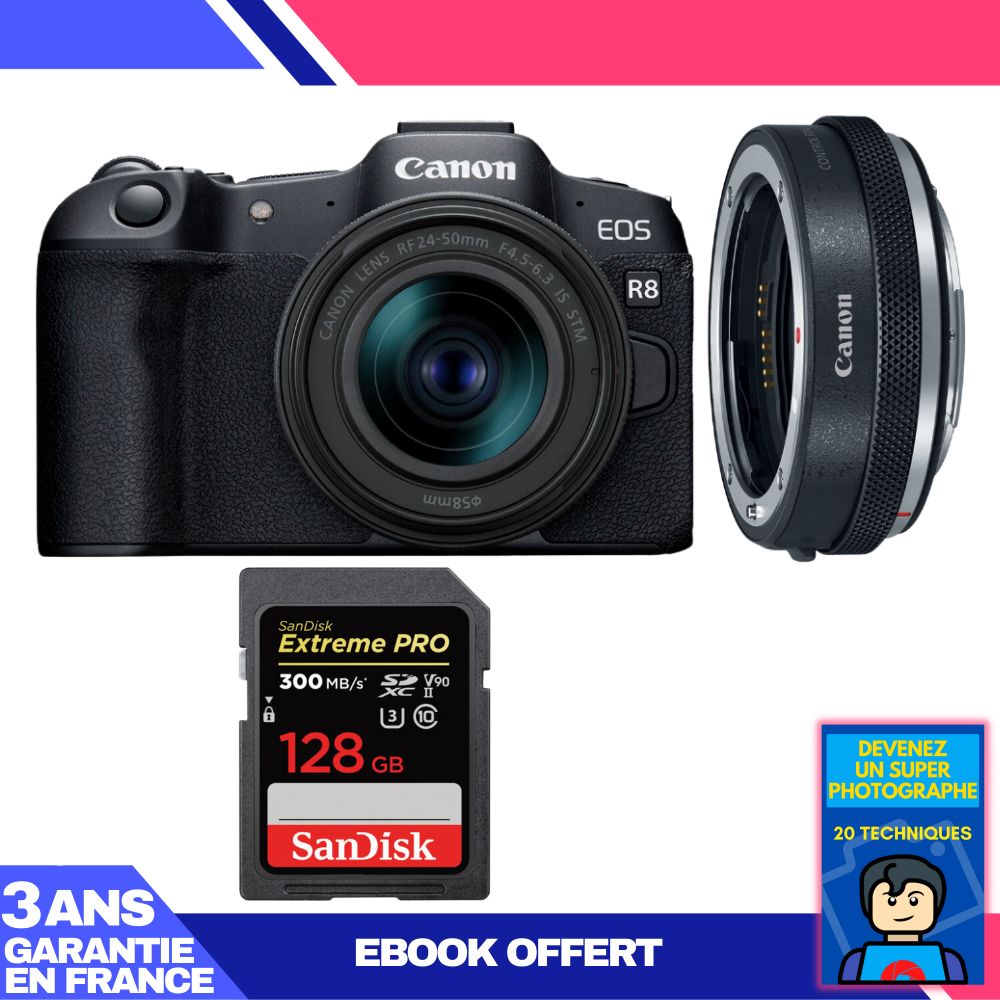 Boitier Canon EOS R8 + RF 24 50mm IS STM + EF EOS R Premium + 1 SanDisk Extreme PRO UHS II SDXC 300 MB/ + Ebook 'Devenez Un Super Photographe - vue 3