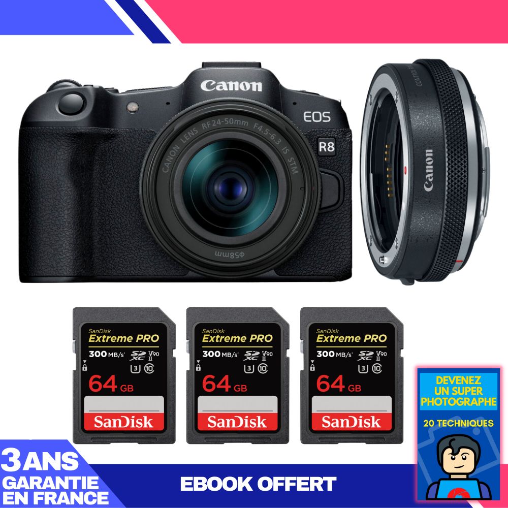 Boitier Canon EOS R8 + RF 24 50mm IS STM + EF EOS R Premium + 3 SanDisk Extreme PRO UHS II SDXC 300 MB/ + Ebook 'Devenez Un Super Photographe