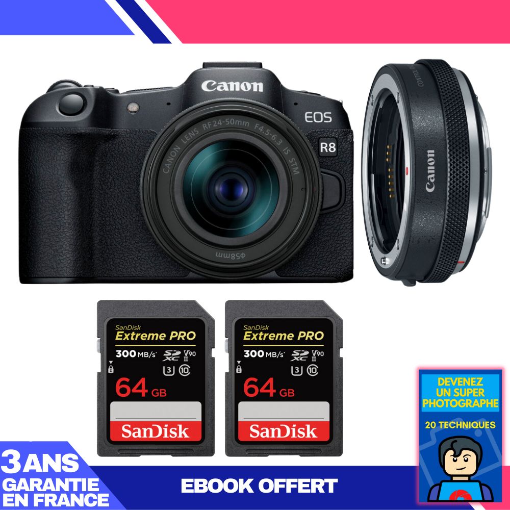 Boitier Canon EOS R8 + RF 24 50mm IS STM + EF EOS R Premium + 2 SanDisk Extreme PRO UHS II SDXC 300 MB/ + Ebook 'Devenez Un Super Photographe
