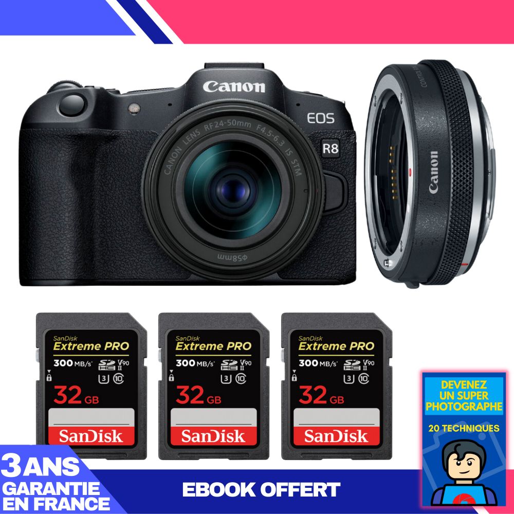 Boitier Canon EOS R8 + RF 24 50mm IS STM + EF EOS R Premium + 3 SanDisk Extreme PRO UHS II SDXC 300 MB/ + Ebook 'Devenez Un Super Photographe - vue 3