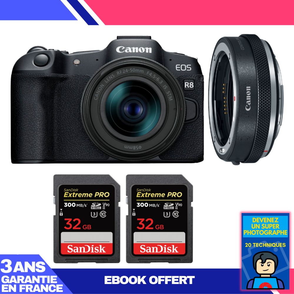 Boitier Canon EOS R8 + RF 24 50mm IS STM + EF EOS R Premium + 2 SanDisk Extreme PRO UHS II SDXC 300 MB/ + Ebook 'Devenez Un Super Photographe - vue 3