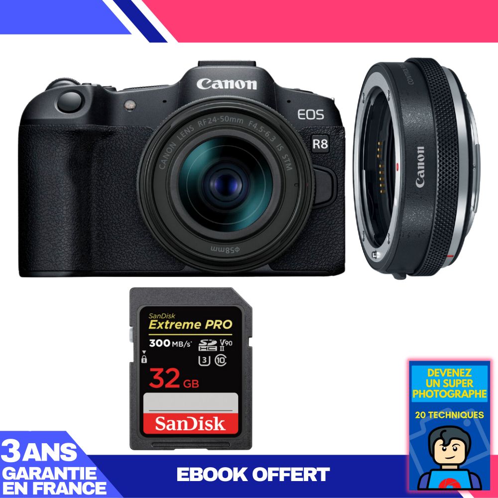 Boitier Canon EOS R8 + RF 24 50mm IS STM + EF EOS R Premium + 1 SanDisk Extreme PRO UHS II SDXC 300 MB/ + Ebook 'Devenez Un Super Photographe - vue 2