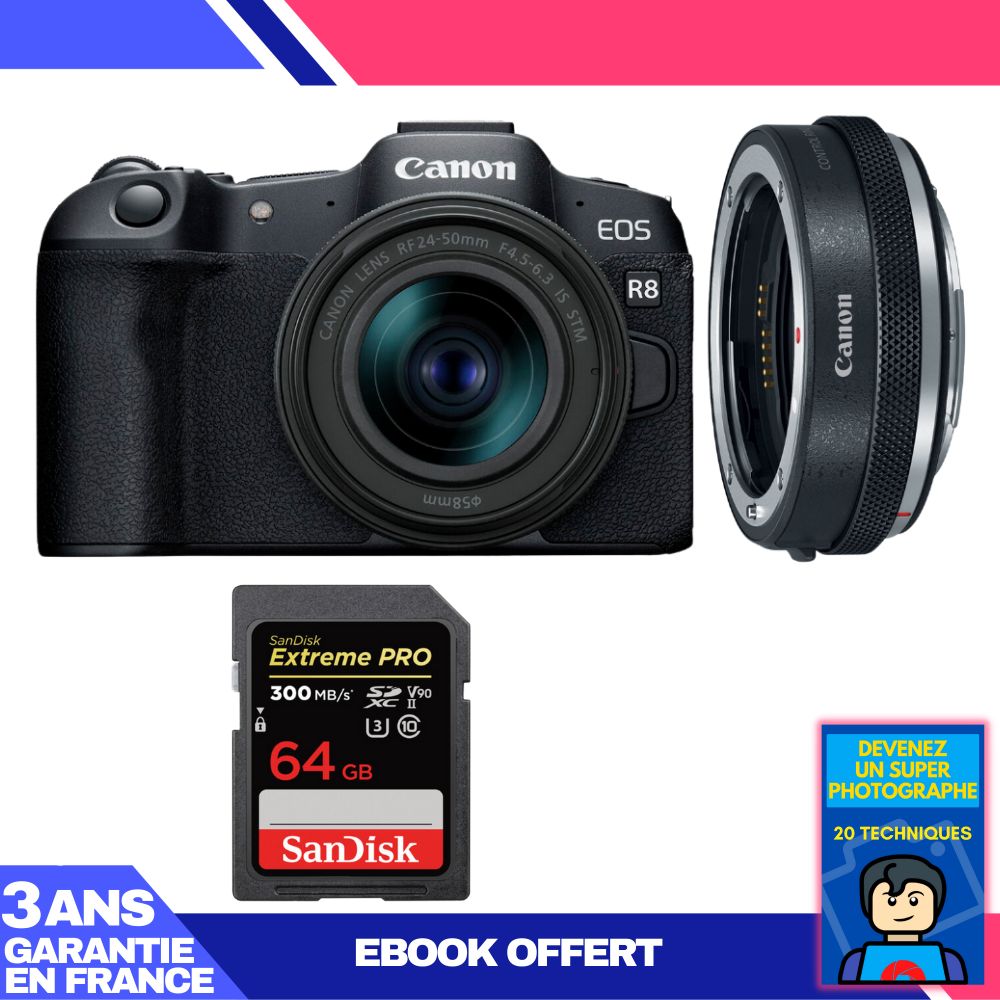 Boitier Canon EOS R8 + RF 24 50mm IS STM + EF EOS R Premium + 1 SanDisk Extreme PRO UHS II SDXC 300 MB/ + Ebook 'Devenez Un Super Photographe