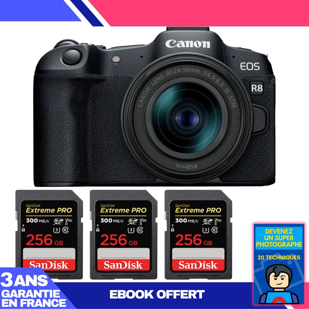 Boitier Canon EOS R8 + RF 24 50mm IS STM + 3 SanDisk Extreme PRO UHS II SDXC 300 MB/ + Ebook 'Devenez Un Super Photographe - vue 3